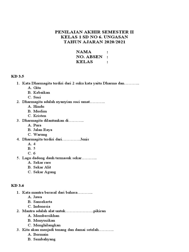10 Contoh Soal Ujian Akhir Semester 2 Kelas 1 SD yang Wajib Dilatih Agar Anak Tembus Nilai Sempurna