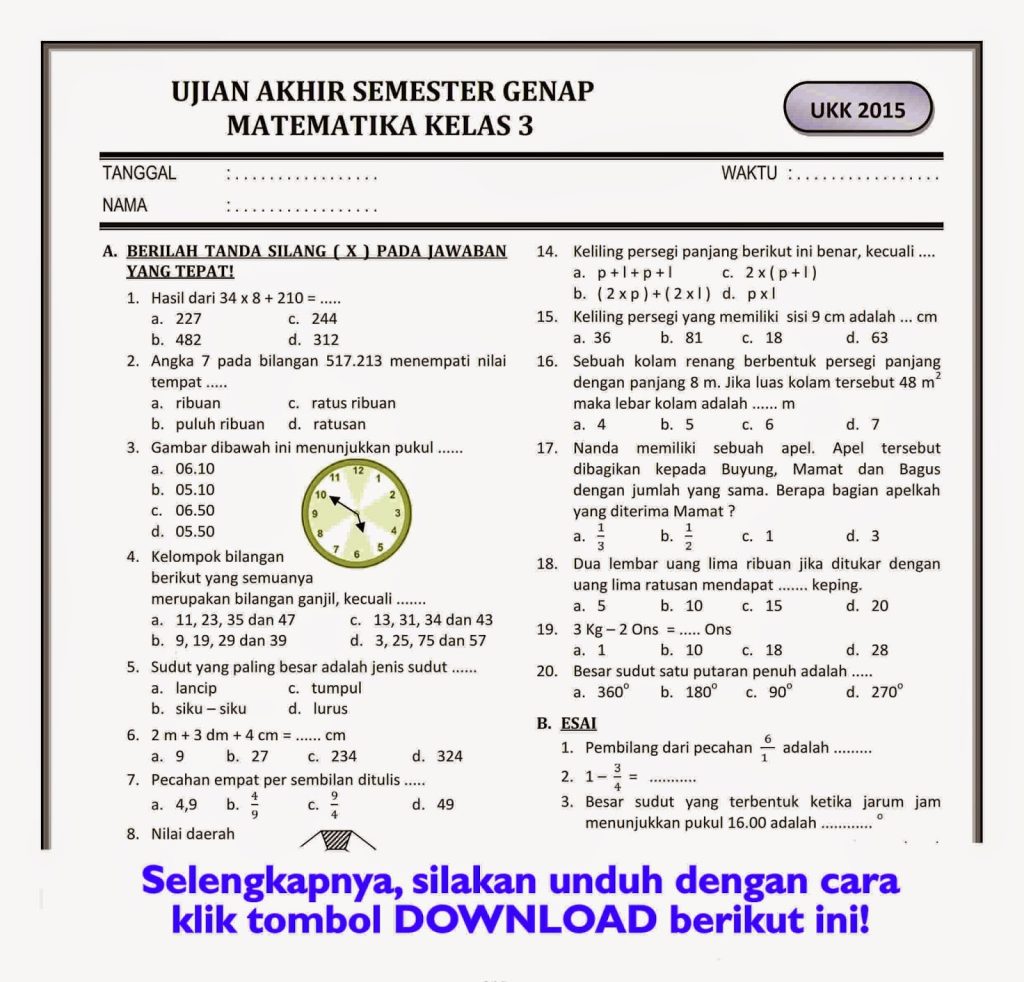 100 Soal Latihan SAS Terbaru, Klik di Sini untuk Download Soal Matematika Kelas 3 Semester 2