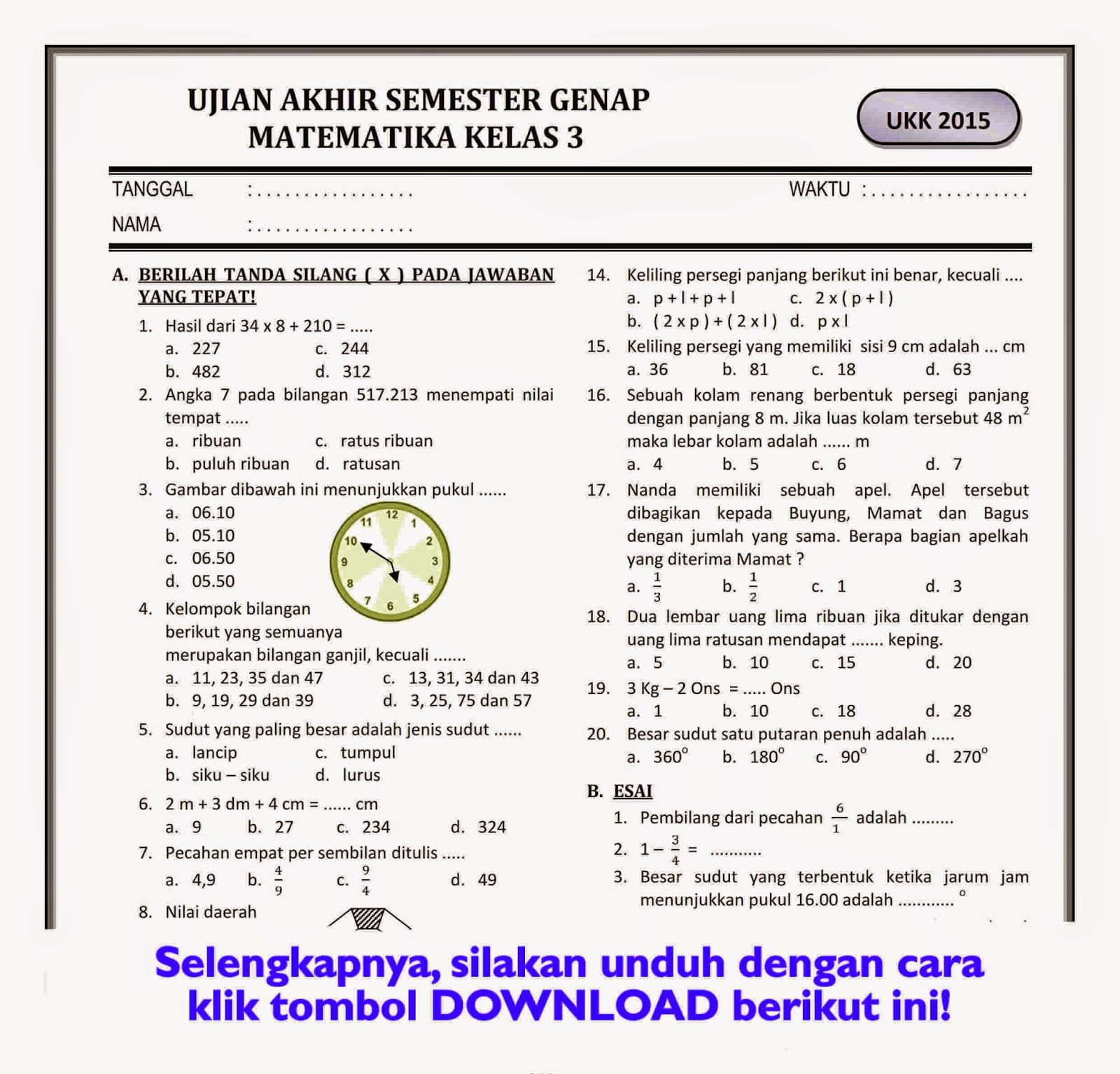100 Soal Latihan SAS Terbaru, Klik di Sini untuk Download Soal Matematika Kelas 3 Semester 2