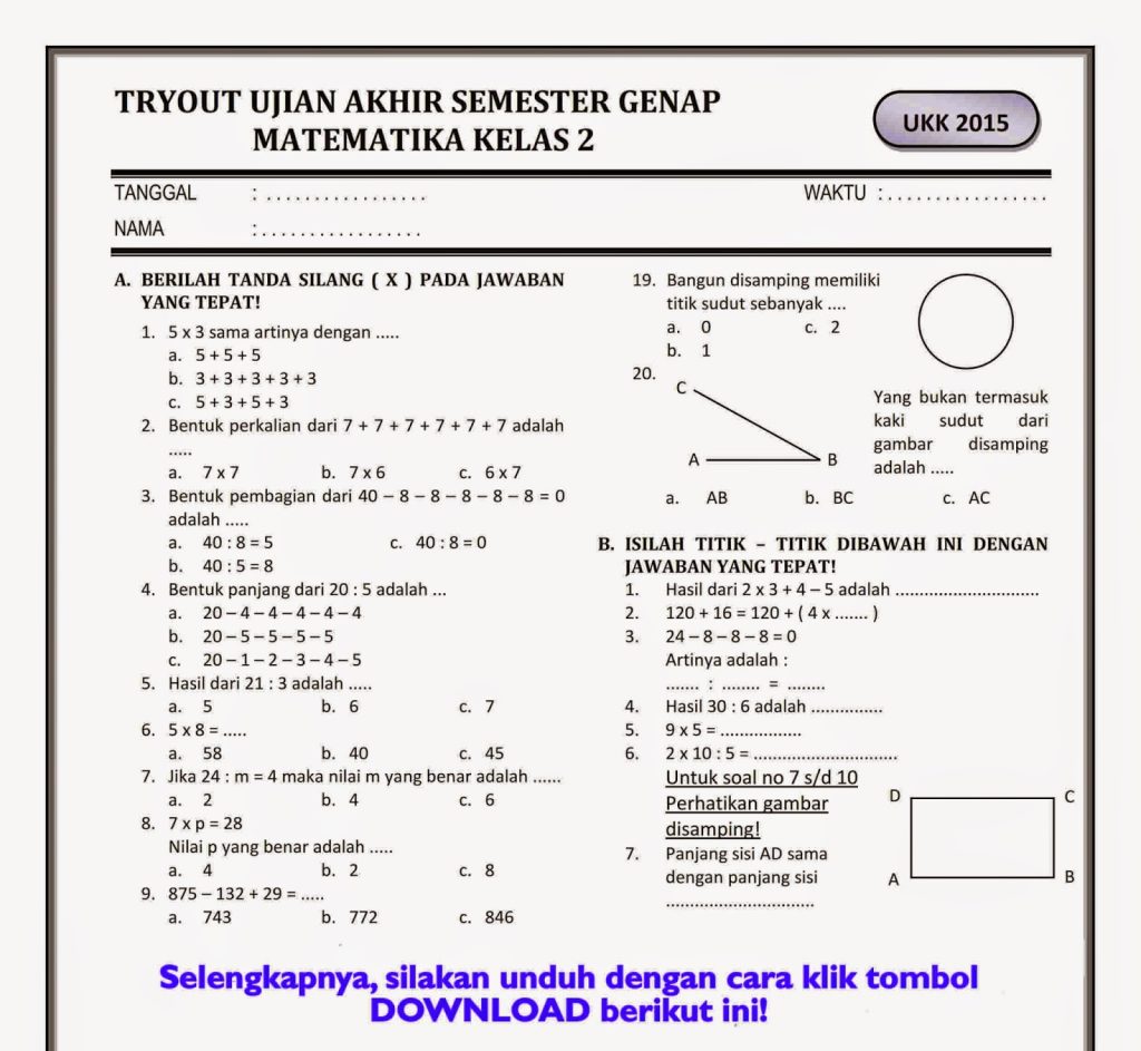 15 Bocoran Soal PAS Kelas 2 Semester 1 Paling Sering Keluar Wajib Dipelajari Siswa SD 15 Bocoran Soal PAS Kelas 2 Semester 1 Paling Sering Keluar Wajib Dipelajari Siswa SD