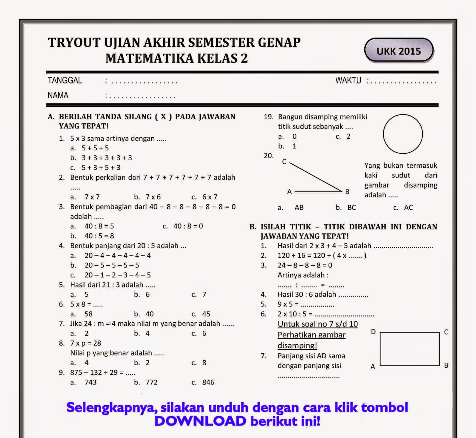 15 Bocoran Soal PAS Kelas 2 Semester 1 Paling Sering Keluar Wajib Dipelajari Siswa SD
