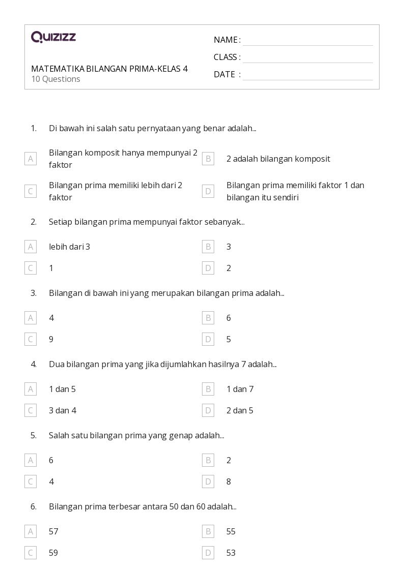 50 lembar kerja Bilangan Prima dan Komposit untuk Kelas 4 di Quizizz