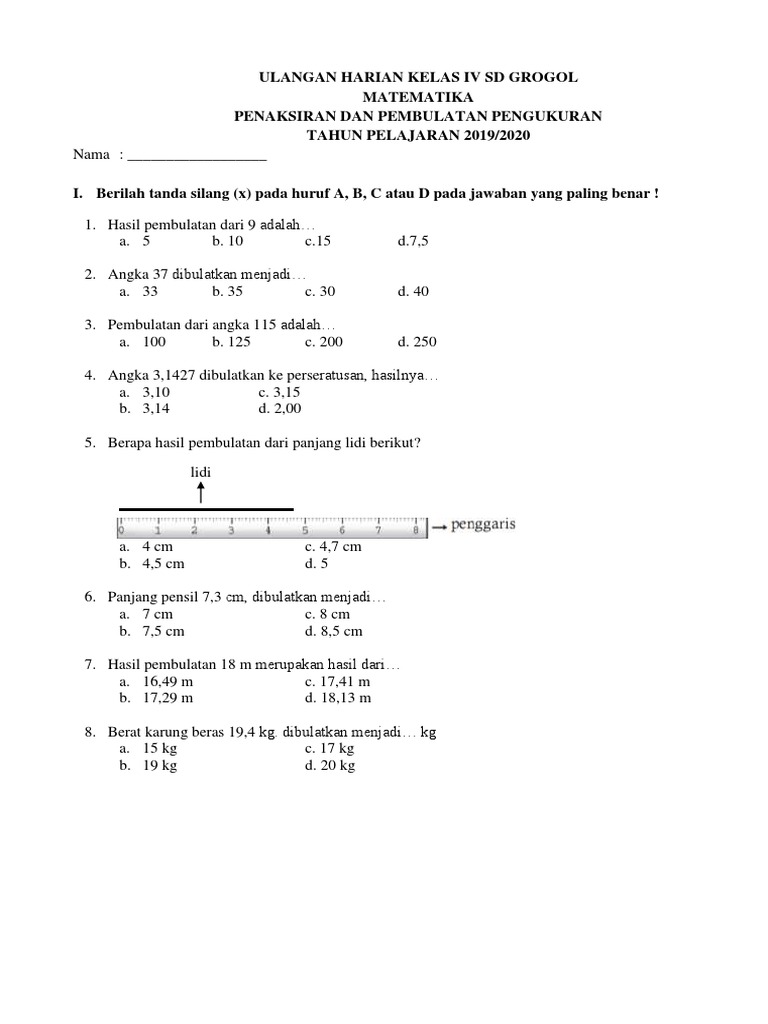 Soal Ulangan Matematika Kelas 4 Semester 1 Bab Penaksiran Dan