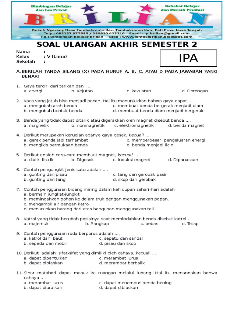 Persiapan Ujian Akhir Semester Download Soal dan Jawaban UAS IPA Kelas