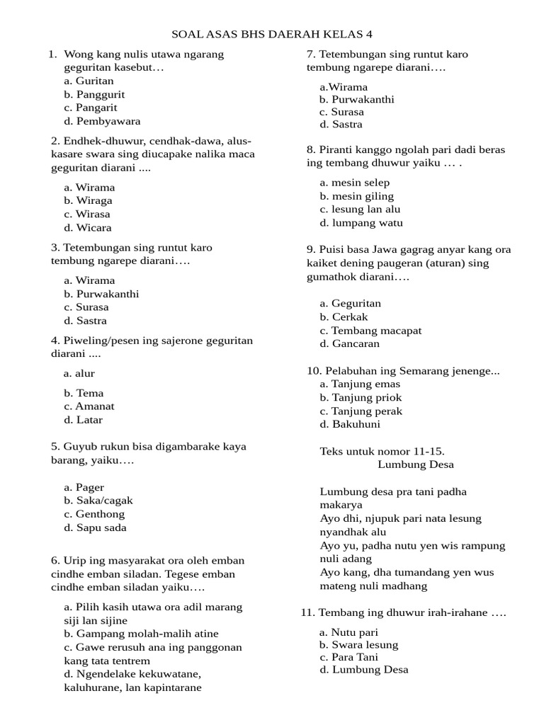 5 Soal Bahasa Daerah Kelas 4 yang Sering Muncul di Ujian, Wajib Tahu 5 Soal Bahasa Daerah Kelas 4 yang Sering Muncul di Ujian, Wajib Tahu