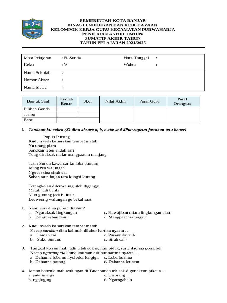 5 Soal Basa Sunda Kelas 4 Semester 2 Siap Cetak, Guru Wajib Tahu!