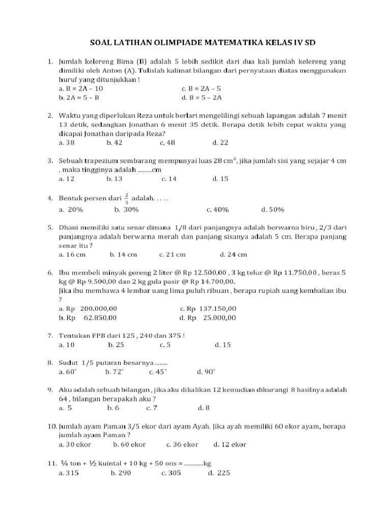 5 Soal Olimpiade Matematika SD Kelas 4 PDF Ini Terbukti Sering Muncul di OSN 2026 5 Soal Olimpiade Matematika SD Kelas 4 PDF Ini Terbukti Sering Muncul di OSN 2026
