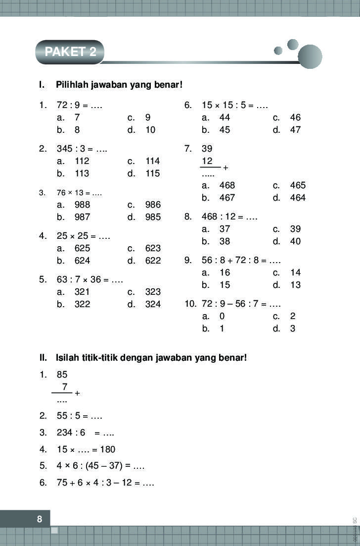 Soal Matematika Kelas 2 Sd Semester 1 Perkalian Dan Pembagian - Piffle me