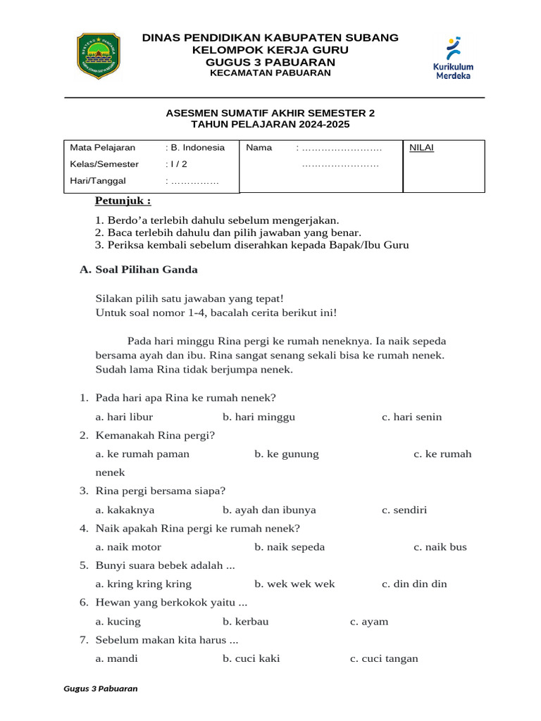 7 Contoh Soal Ujian Akhir Semester 2 Kelas 1 SD PDF yang Wajib Tahu Sebelum Ujian Dimulai