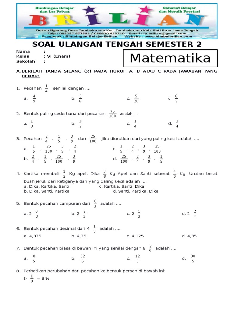 Panduan Lengkap Contoh Soal Ujian Semester 1 Matematika Kelas 2 SD Panduan Lengkap Contoh Soal Ujian Semester 1 Matematika Kelas 2 SD