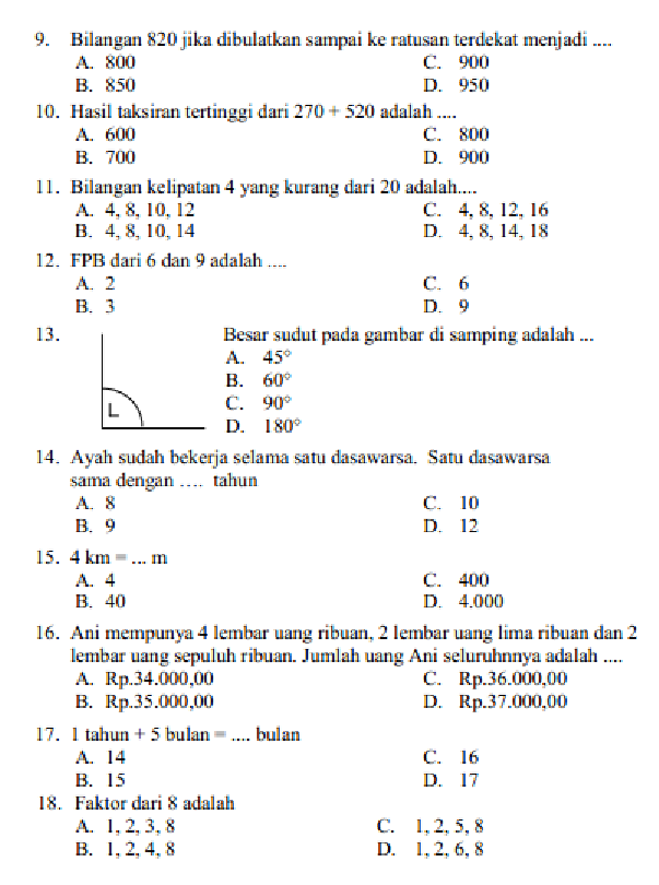 40 Soal PAS Matematika Kelas 4 Semester 1