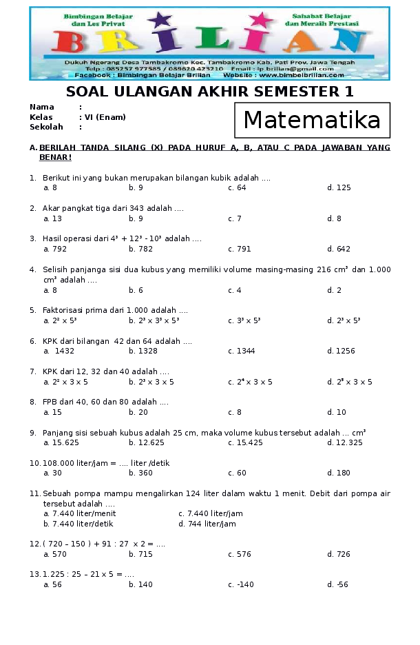 Akhirnya Terungkap! 7 Soal UAS Matematika Kelas 6 Semester 1 Paling Sering Keluar STS 2026