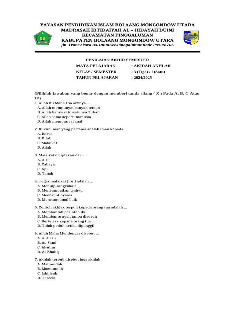 Soal Akidah Akhlak Kelas 3 Semester Ganjil PDF