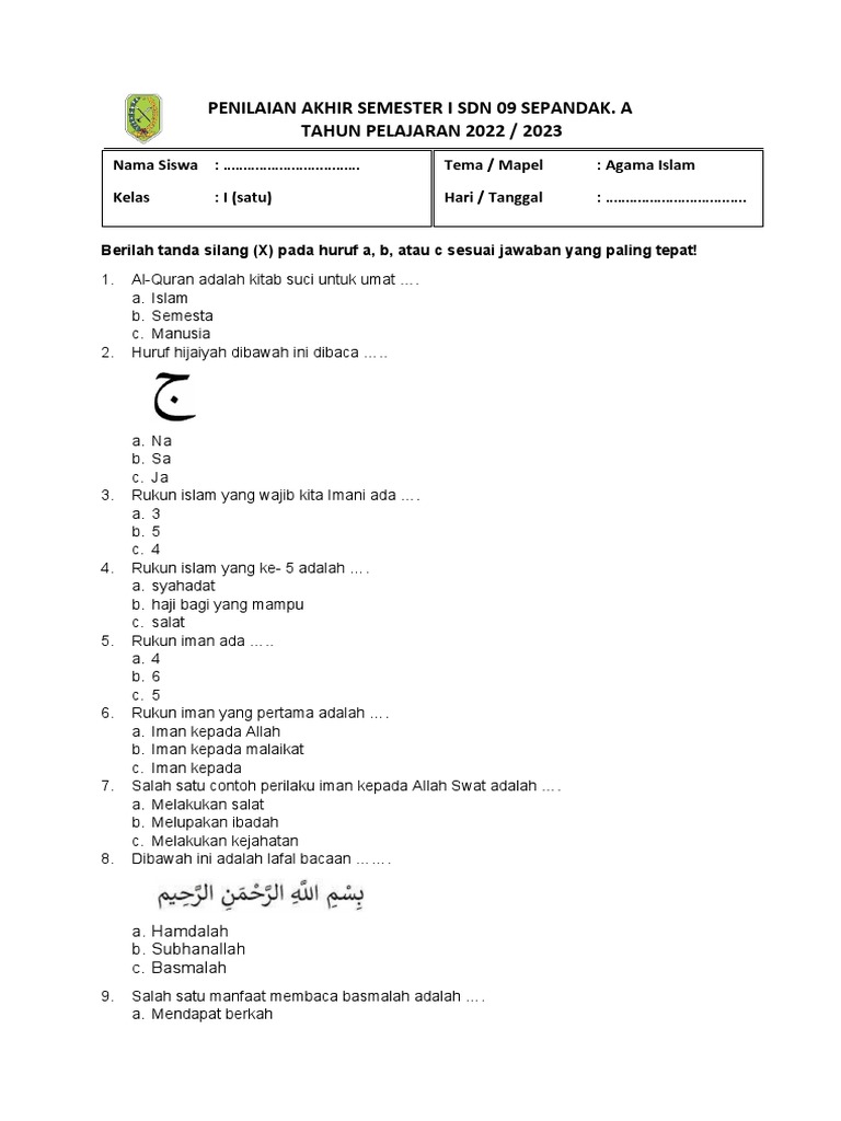 Contoh Soal Ujian Agama Islam Kelas Satu Semester 1 K13 yang Wajib Dikuasai Siswa Sebelum Terlambat