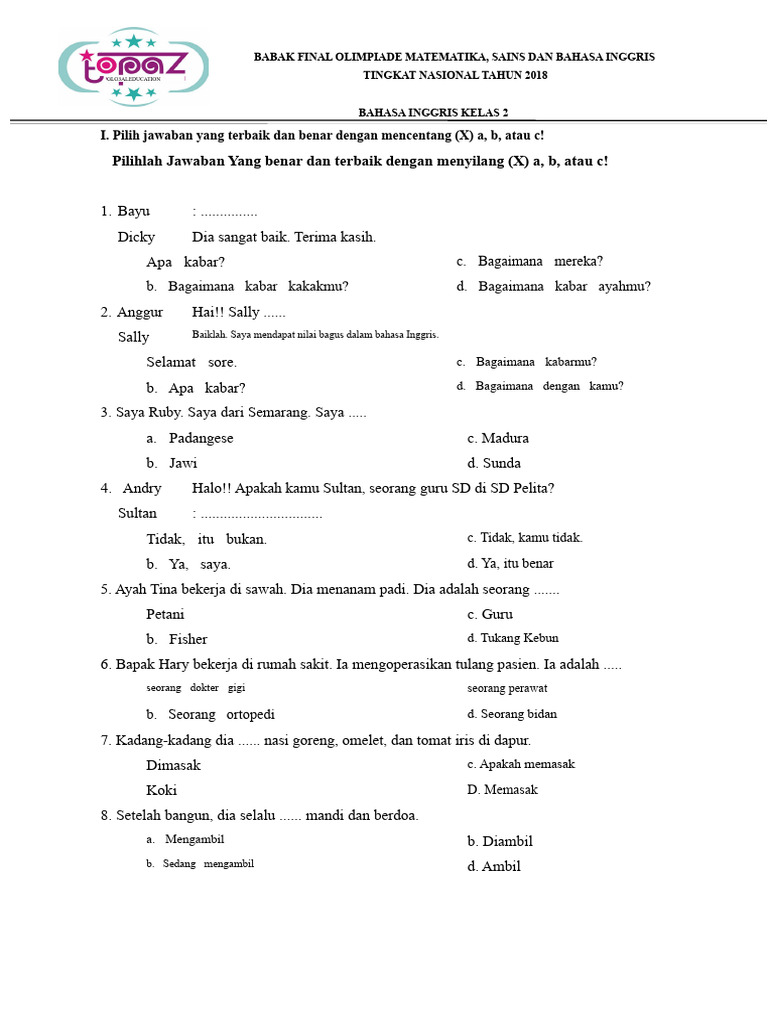 Rahasia Juara Ternyata Ini Kumpulan Latihan Soal Olimpiade Bahasa Inggris untuk SD Kelas 2