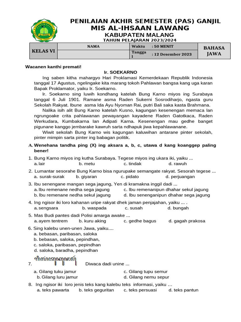 Rahasia Nilai Sempurna 7 Latihan Download Soal Bahasa Jawa Kelas 6 Semester 1 Terbaru 2026