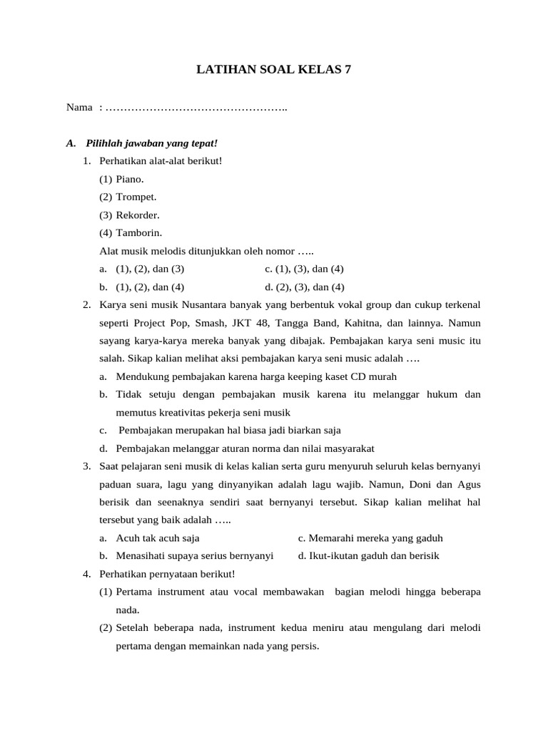 Terbongkar 40 Bocoran Soal Seni Musik Kelas 7 Semester 1 dan Jawabannya Wajib Pelajari