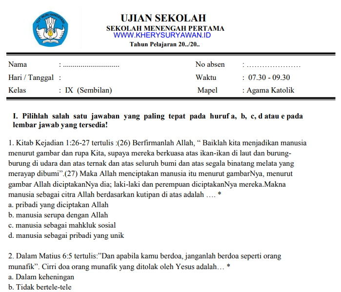 Terbukti 5 Contoh Soal Ujian Agama Katolik Kelas 9 Semester 1 yang Wajib Dikuasai Sekarang