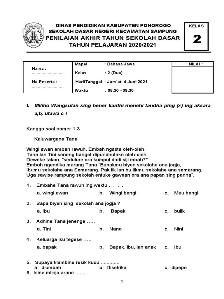 Terbukti! 7 Contoh Soal Bahasa Jawa Kelas 2 SD Semester 2 yang Membantu Anak Sukses Cepat Terbukti! 7 Contoh Soal Bahasa Jawa Kelas 2 SD Semester 2 yang Membantu Anak Sukses Cepat