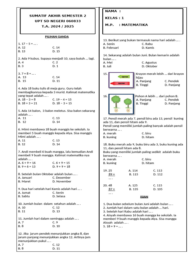 contoh soal ujian akhir semester matematika kelas 1 sd