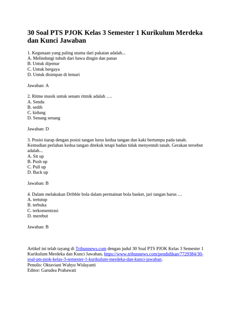 soal pjok kelas 3 semester 1 dan kunci jawaban