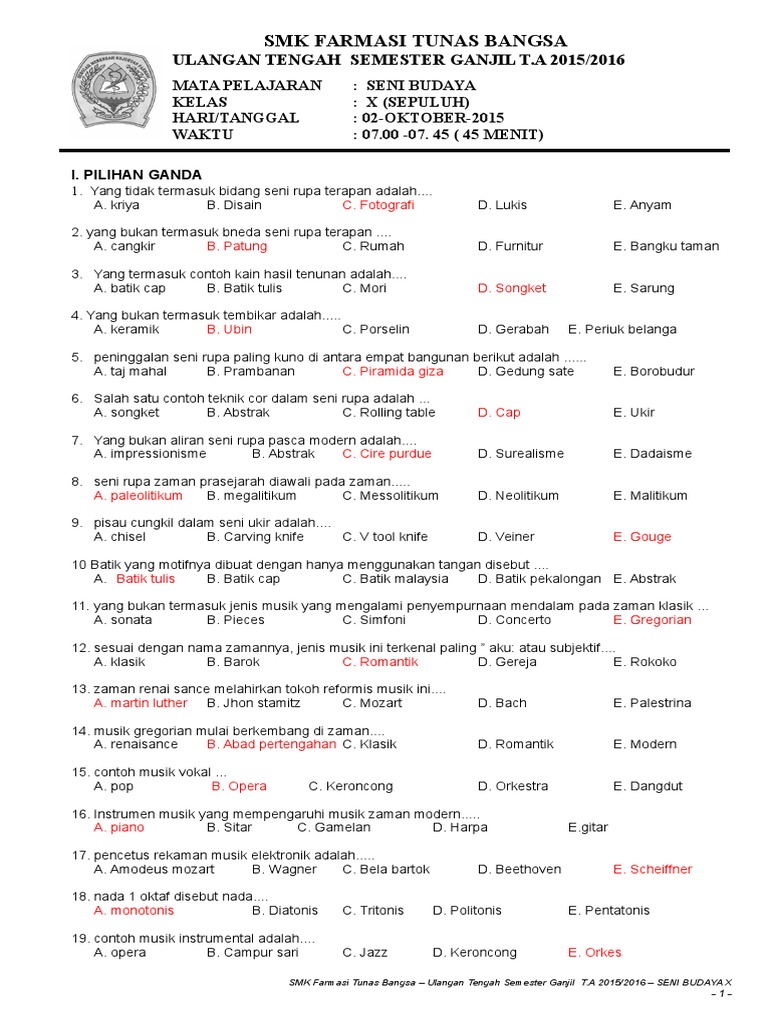 soal seni budaya kelas 11 semester 1